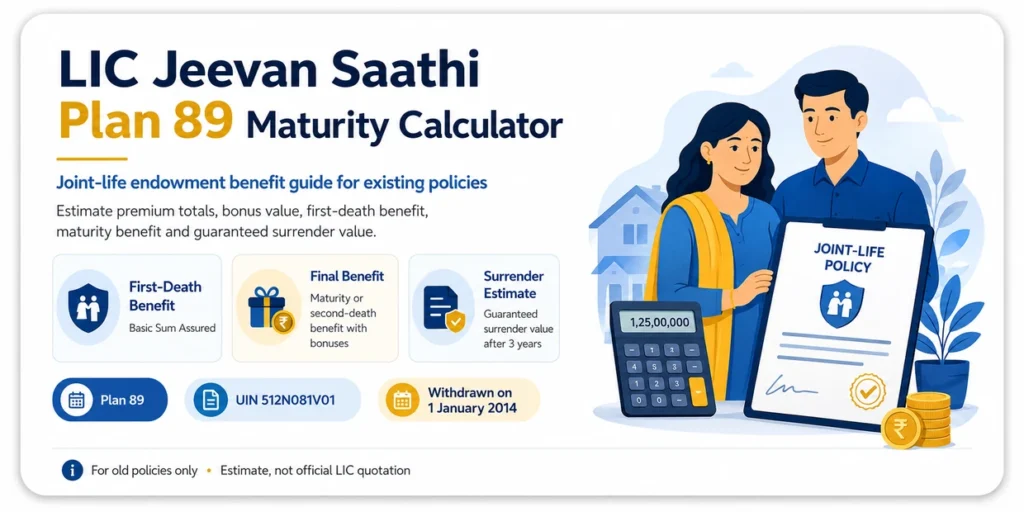 LIC Jeevan Saathi Plan 89 Maturity Calculator showing first-death benefit, maturity benefit, bonus estimate and guaranteed surrender value for old joint-life policies