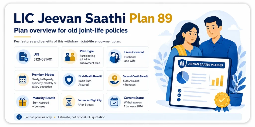 LIC Jeevan Saathi Plan 89 overview showing UIN, joint-life cover, premium modes, first-death benefit, second-death benefit, maturity benefit and surrender eligibility