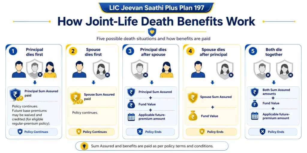 LIC Jeevan Saathi Plus Plan 197 joint-life death benefits showing principal death, spouse death, second death and simultaneous death benefit situations