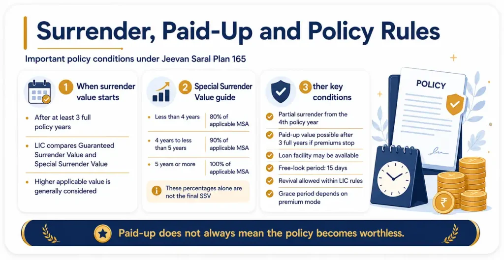 LIC Jeevan Saral Plan 165 surrender and paid-up rules showing surrender eligibility, Special Surrender Value percentages, partial surrender, loan and revival conditions