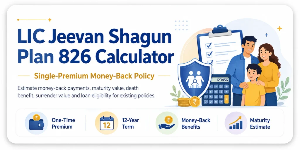 LIC Jeevan Shagun Plan 826 Calculator showing one-time premium, 12-year policy term, money-back benefits, maturity amount, death benefit and loan estimate