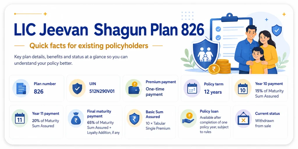 LIC Jeevan Shagun Plan 826 overview showing UIN 512N290V01, one-time premium, 12-year term, year 10 and year 11 payouts, maturity benefit and policy loan