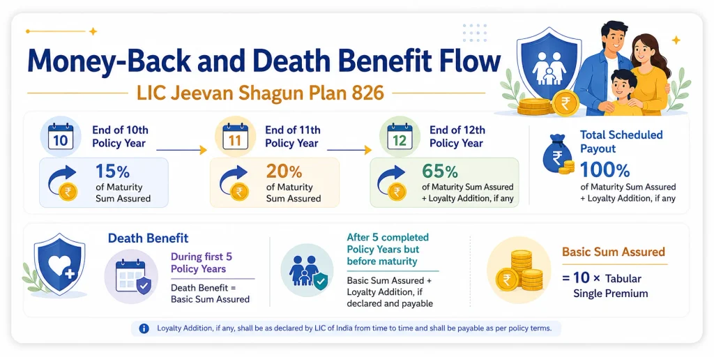 LIC Jeevan Shagun Plan 826 money-back schedule showing 15% payment in year 10, 20% in year 11, 65% at maturity and death benefit based on Basic Sum Assured
