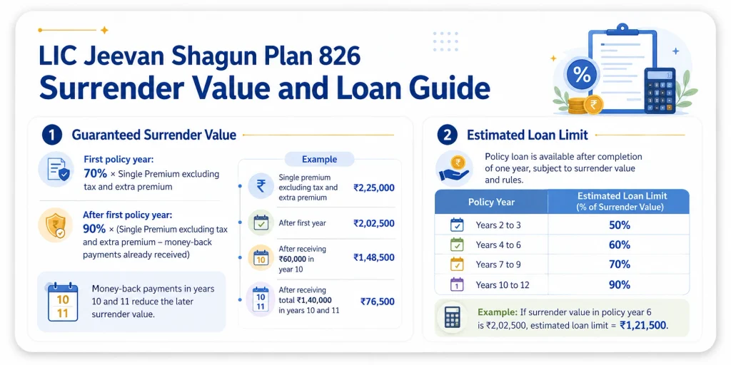 LIC Jeevan Shagun Plan 826 surrender value and loan guide showing Guaranteed Surrender Value percentages, effect of money-back payments and policy-year loan limits