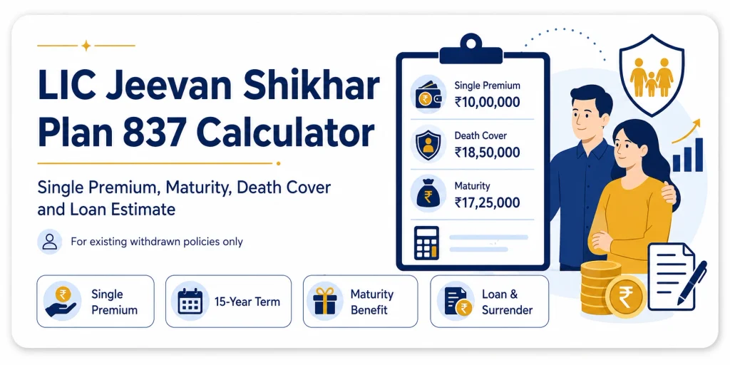 LIC Jeevan Shikhar Plan 837 Calculator showing single premium, maturity benefit, death cover, surrender value and loan estimate for existing policies