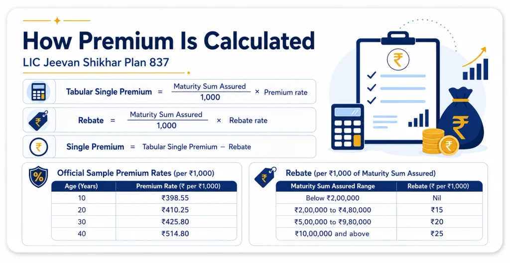 LIC Jeevan Shikhar Plan 837 premium calculation showing Tabular Single Premium, high Maturity Sum Assured rebate, premium rates and final Single Premium