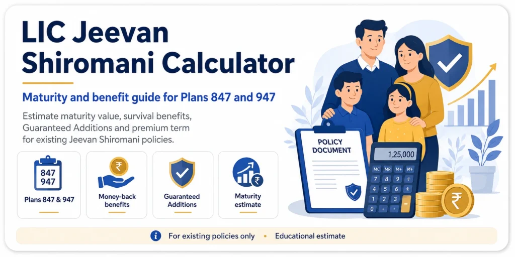 LIC Jeevan Shiromani Calculator card-style infographic for Plans 847 and 947 showing maturity guide, money-back benefits, Guaranteed Additions and premium term estimate