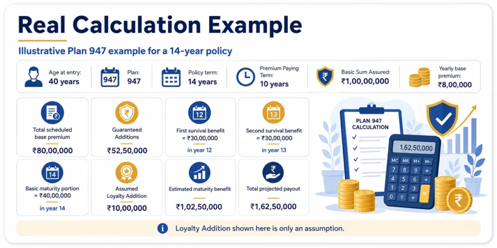 LIC Jeevan Shiromani Plan 947 calculation example showing ₹1 crore Basic Sum Assured, premium term, Guaranteed Additions, survival benefits and maturity estimate