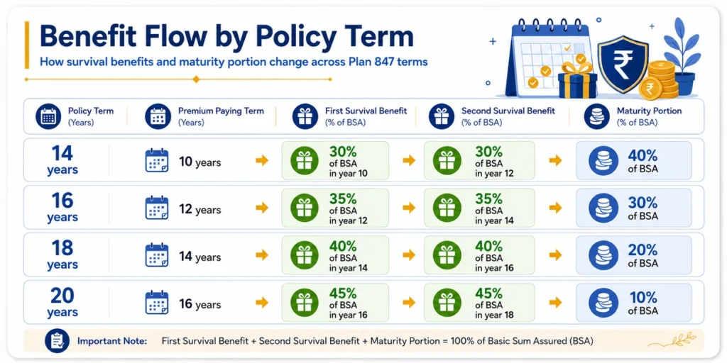 LIC Jeevan Shiromani Plan 847 benefit flow by policy term showing premium paying term, first survival benefit, second survival benefit and maturity portion