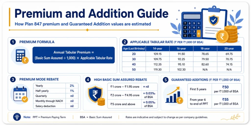 LIC Jeevan Shiromani Plan 847 premium and Guaranteed Addition guide showing premium formula, tabular rates, premium mode rebate and high sum assured rebate