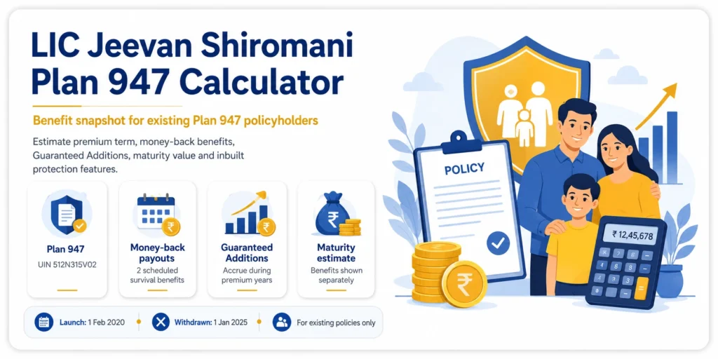 LIC Jeevan Shiromani Plan 947 Calculator benefit snapshot showing money-back payouts, Guaranteed Additions, maturity estimate and key plan details