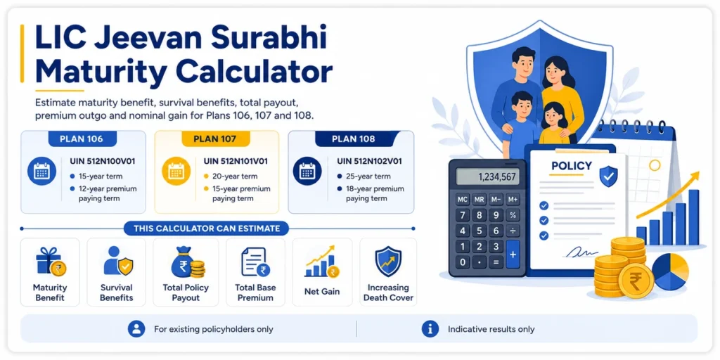 LIC Jeevan Surabhi Calculator for Plans 106, 107 and 108 showing maturity benefit, survival benefits, total payout, premium and net gain