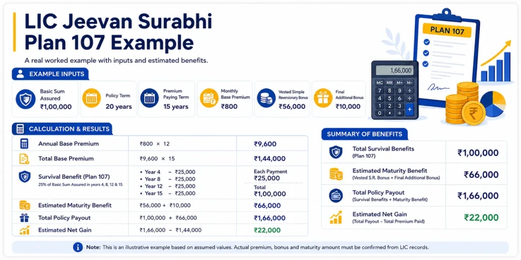 LIC Jeevan Surabhi Plan 107 calculation example showing ₹1 lakh sum assured, survival benefits, maturity benefit, total payout and estimated net gain