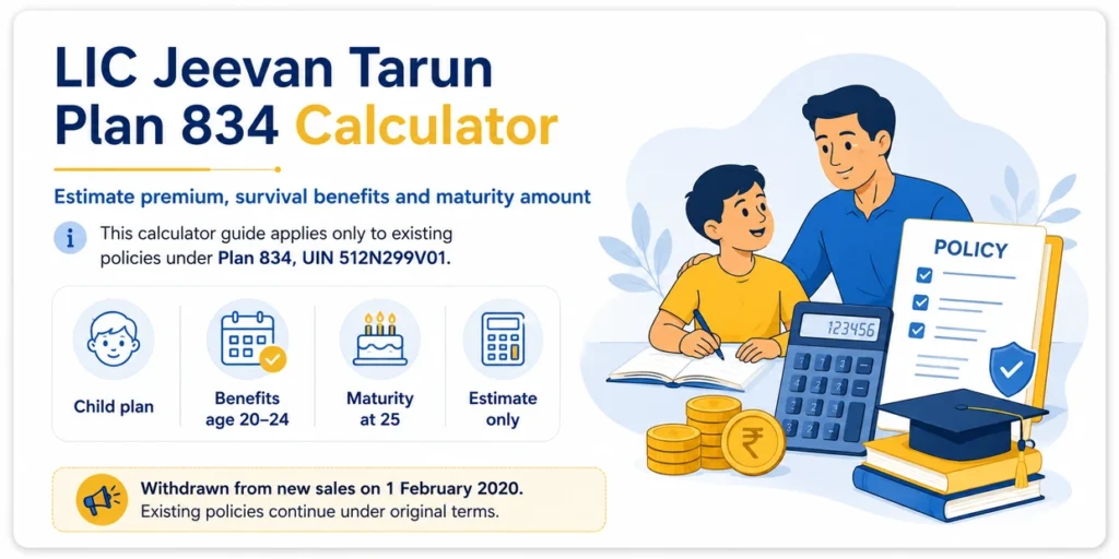 LIC Jeevan Tarun Plan 834 Calculator for estimating premium, policy term, survival benefits and guaranteed maturity amount