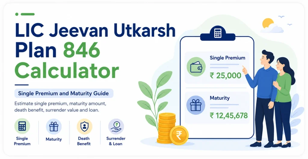 LIC Jeevan Utkarsh Plan 846 Calculator showing single premium, maturity amount, death benefit, surrender value and loan estimate for existing policies