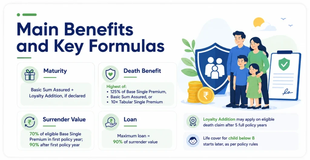 LIC Jeevan Utkarsh Plan 846 benefits showing maturity amount, death benefit formula, surrender value, loan eligibility and Loyalty Addition rules