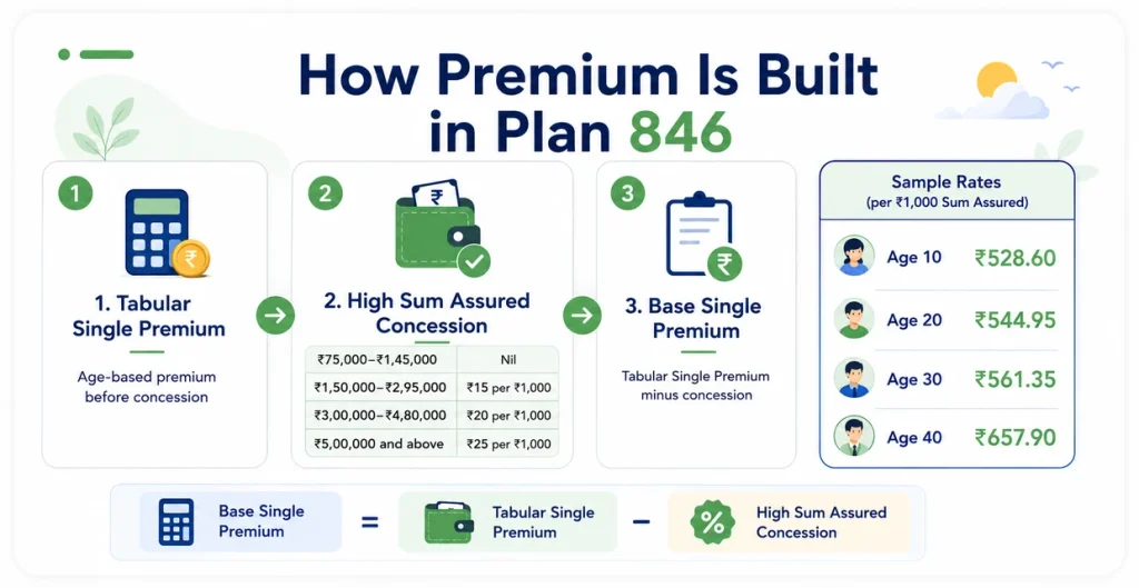 LIC Jeevan Utkarsh Plan 846 premium calculation showing Tabular Single Premium, High Sum Assured concession, Base Single Premium and sample age-based premium rates