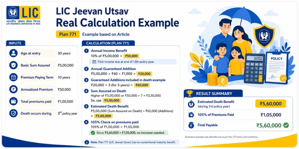 LIC Jeevan Utsav Plan 771 calculation example showing ₹5 lakh Basic Sum Assured, Guaranteed Additions and estimated death benefit