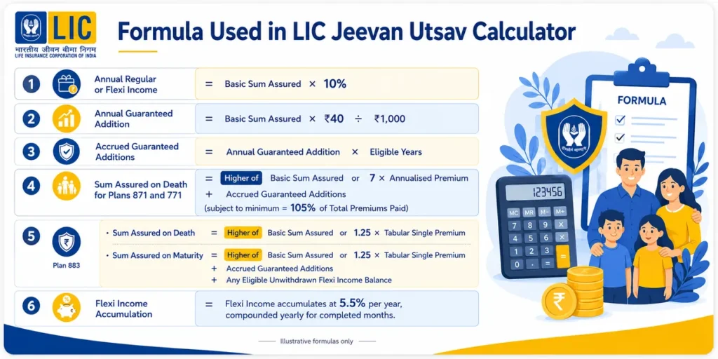 LIC Jeevan Utsav Calculator formulas for annual income, Guaranteed Additions, death benefit, maturity benefit and Flexi Income