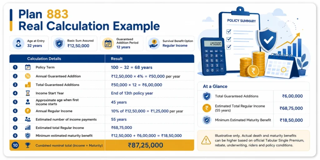 LIC Jeevan Utsav Plan 883 calculation example showing ₹12.5 lakh Basic Sum Assured, Guaranteed Additions, annual income and minimum maturity estimate