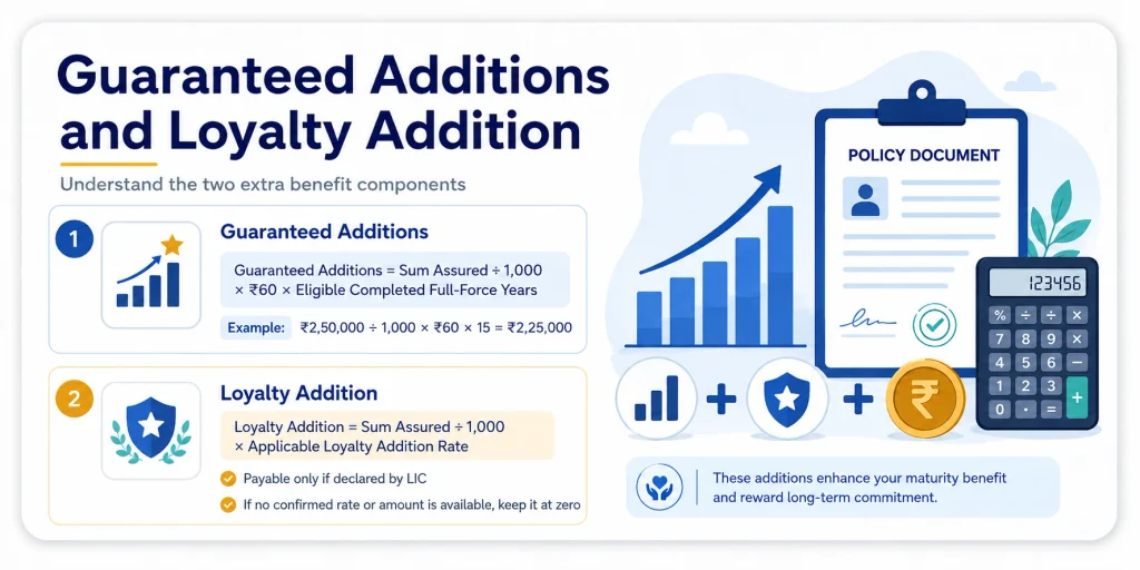 LIC Jeevan Vishwas Plan 136 Guaranteed Additions formula at Rs 60 per Rs 1,000 Sum Assured and Loyalty Addition calculation when declared by LIC