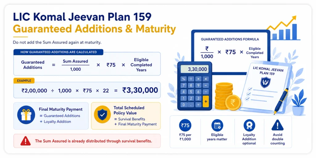 LIC Komal Jeevan Plan 159 Guaranteed Additions and maturity calculation showing Rs 75 per Rs 1,000 Sum Assured and final maturity payment without double counting Sum Assured
