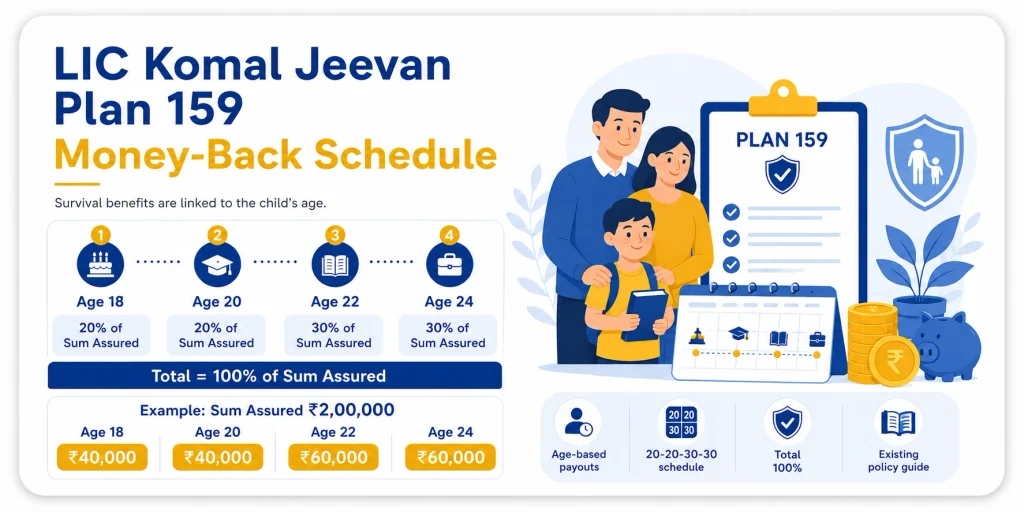 LIC Komal Jeevan Plan 159 money-back schedule showing 20 percent payouts at ages 18 and 20 and 30 percent payouts at ages 22 and 24