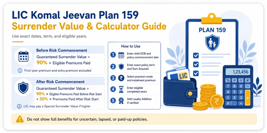 LIC Komal Jeevan Plan 159 surrender value guide showing Guaranteed Surrender Value before and after risk commencement and key calculator inputs