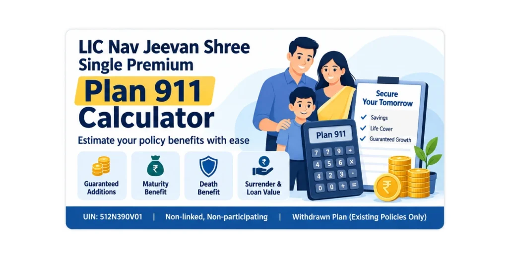 LIC Nav Jeevan Shree Single Premium Plan 911 Calculator infographic showing Guaranteed Additions, maturity benefit, death benefit, surrender value and loan eligibility.
