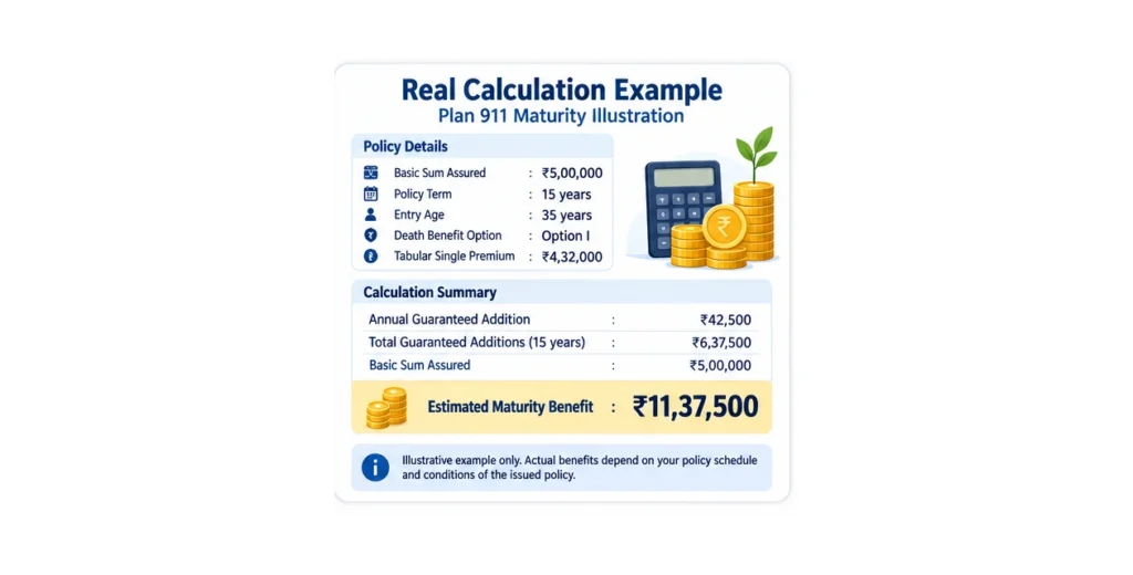 LIC Nav Jeevan Shree Plan 911 maturity calculation example showing annual Guaranteed Addition, total additions and estimated maturity benefit.