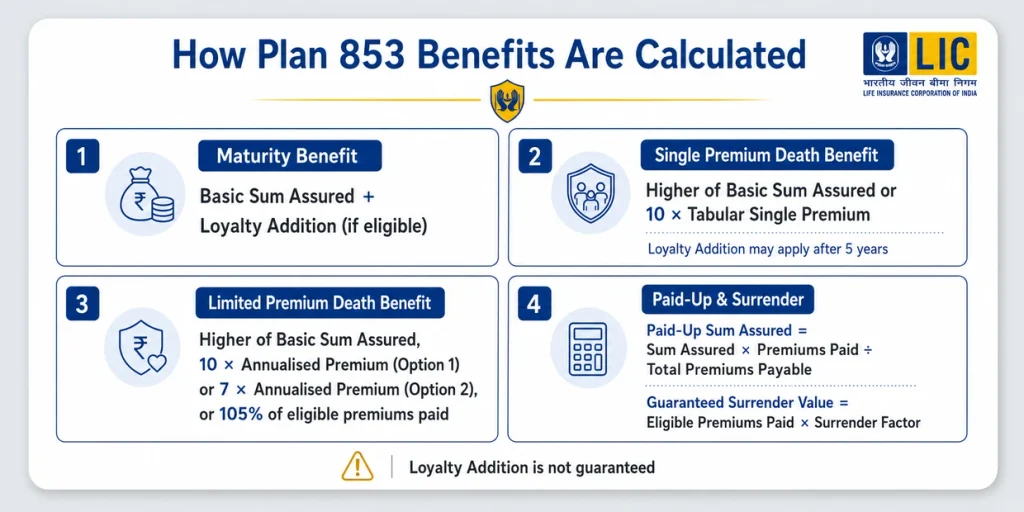 LIC Navjeevan Plan 853 benefit calculations showing maturity benefit, Single Premium death benefit, Limited Premium death benefit, paid-up value and surrender value