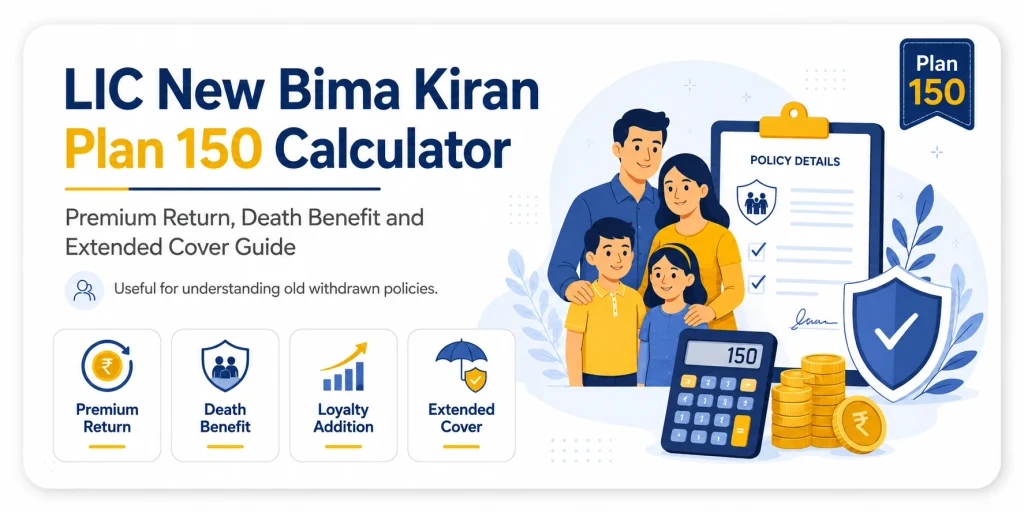 LIC New Bima Kiran Plan 150 Calculator showing premium return, death benefit, Loyalty Addition, extended life cover and surrender value for old policies