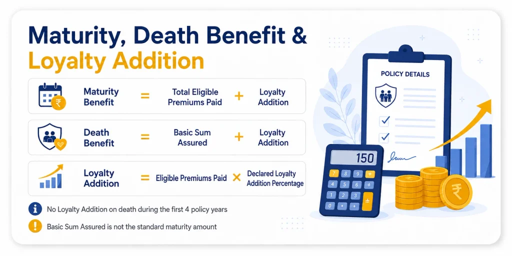 LIC New Bima Kiran Plan 150 maturity and death benefit formulas showing eligible premiums returned at maturity, Basic Sum Assured on death and Loyalty Addition based on eligible premiums paid
