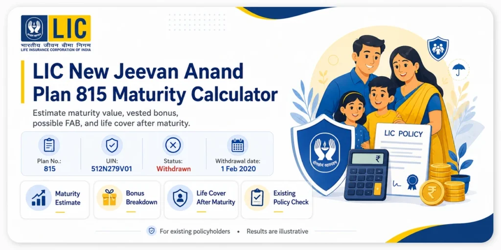 LIC New Jeevan Anand Plan 815 Maturity Calculator for estimating Basic Sum Assured, vested bonus, Final Additional Bonus and life cover after maturity