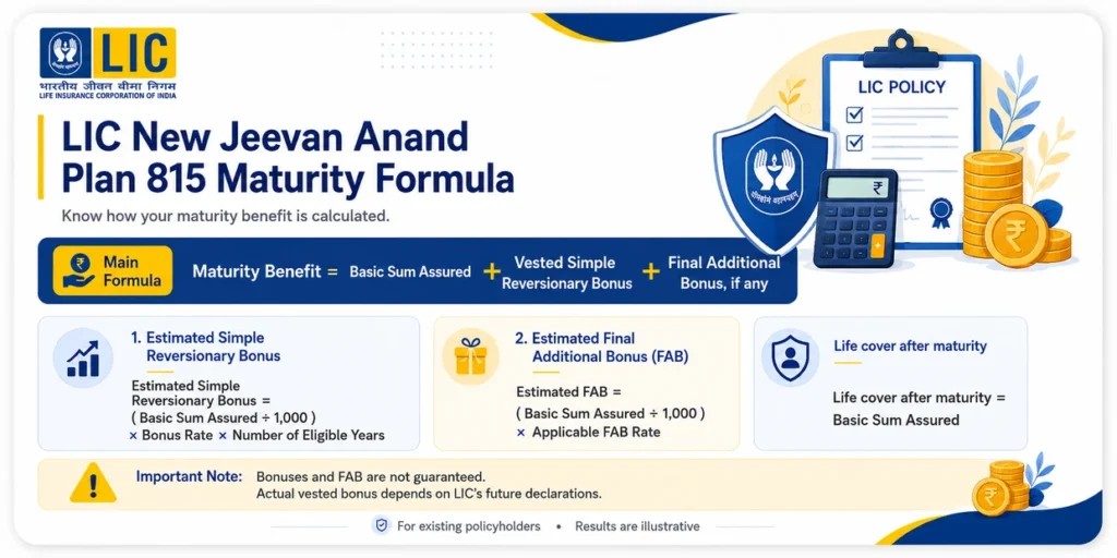 LIC New Jeevan Anand Plan 815 maturity formula showing Basic Sum Assured plus vested Simple Reversionary Bonus and Final Additional Bonus