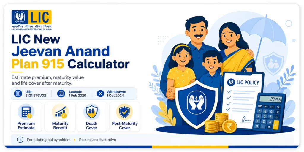 LIC New Jeevan Anand Plan 915 Calculator for estimating premium, maturity benefit, death benefit and post-maturity life cover