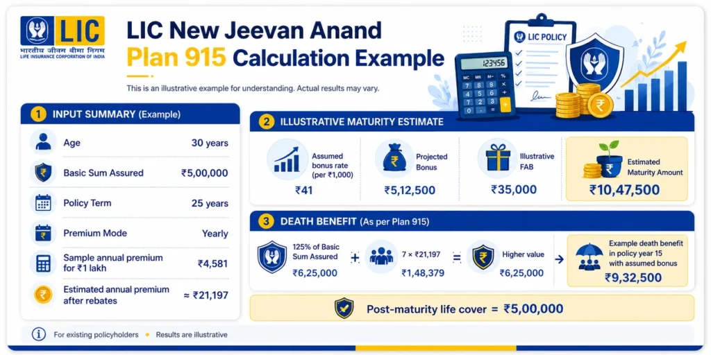 LIC New Jeevan Anand Plan 915 calculation example showing premium estimate, maturity amount, death benefit and post-maturity cover