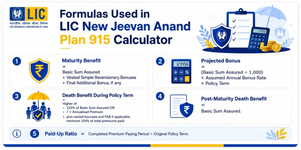 LIC New Jeevan Anand Plan 915 Calculator formulas for maturity benefit, projected bonus, death benefit and paid-up value