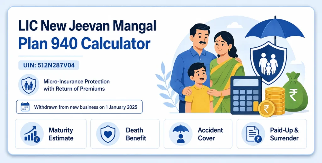 LIC New Jeevan Mangal Plan 940 Calculator showing maturity, death, accident, paid-up and surrender benefits