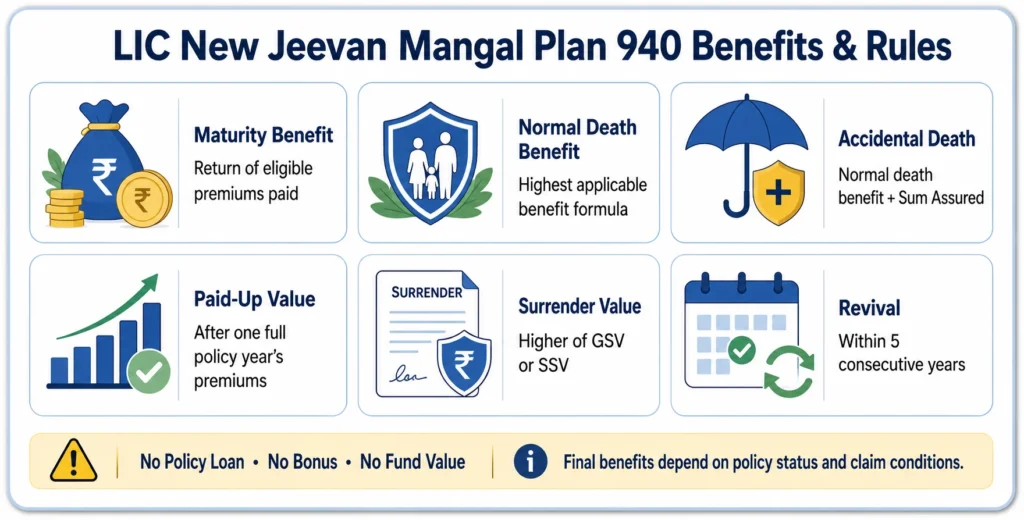 LIC New Jeevan Mangal Plan 940 benefits and rules for maturity, death, paid-up value, surrender and revival