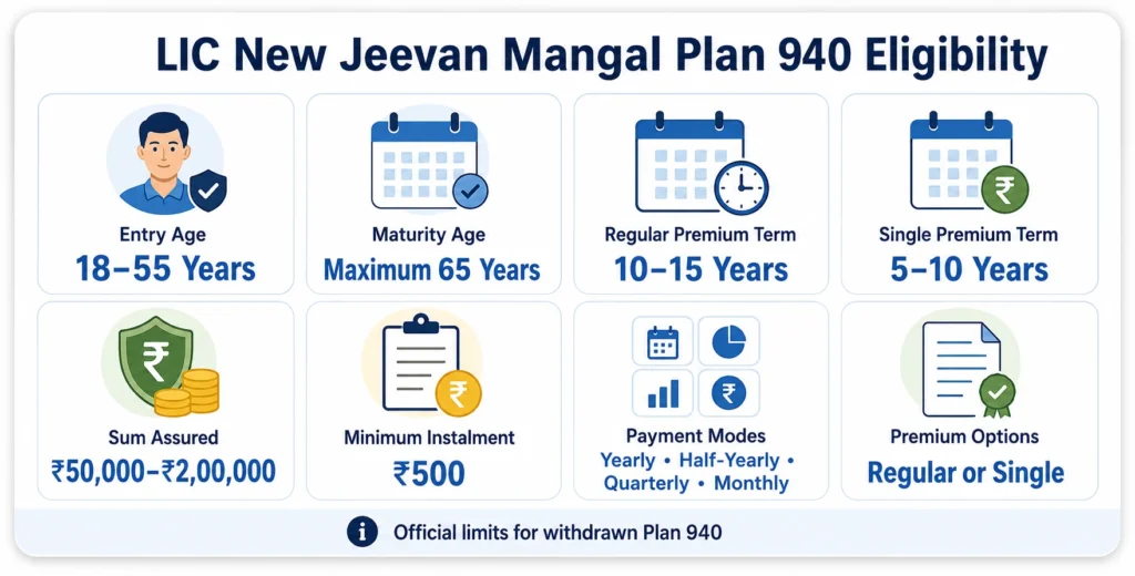 LIC New Jeevan Mangal Plan 940 eligibility showing age, term, premium and Sum Assured limits