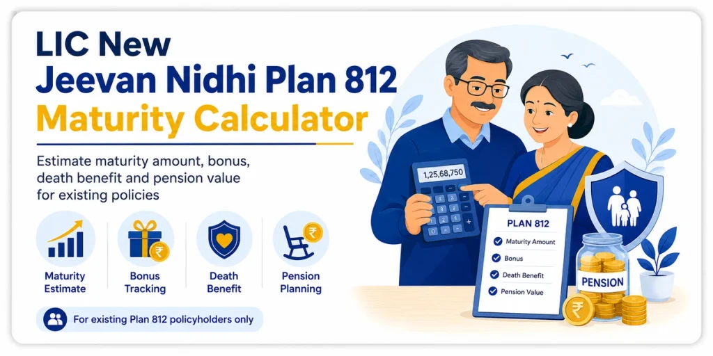 LIC New Jeevan Nidhi Plan 812 Maturity Calculator showing maturity estimate, bonus, death benefit and pension planning for existing policies