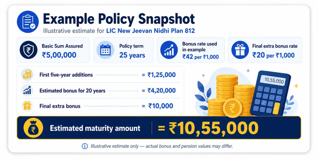 LIC New Jeevan Nidhi Plan 812 example showing ₹5 lakh Basic Sum Assured, first five-year additions, estimated bonus and ₹10.55 lakh maturity amount