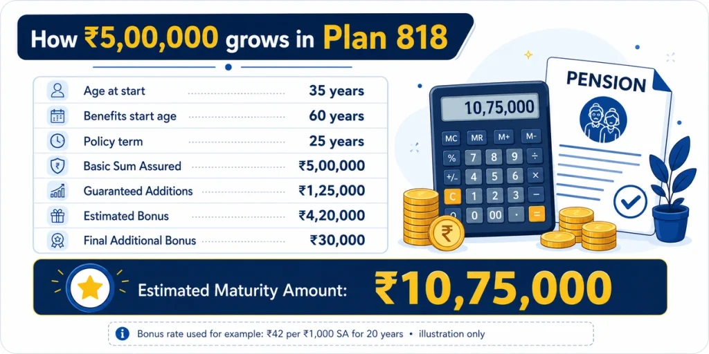 LIC New Jeevan Nidhi Plan 818 example showing ₹5 lakh Basic Sum Assured, Guaranteed Additions, estimated bonus and ₹10.75 lakh estimated maturity amount