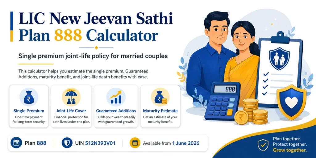 LIC New Jeevan Sathi Plan 888 Calculator showing single premium, joint-life cover, Guaranteed Additions and maturity benefit