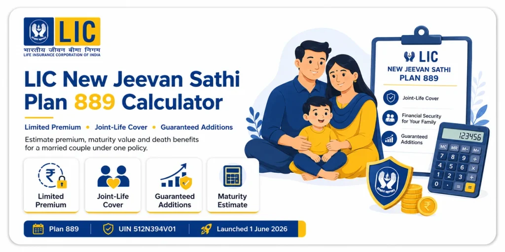 LIC New Jeevan Sathi Plan 889 Calculator showing limited premium, joint-life cover, Guaranteed Additions and maturity estimate
