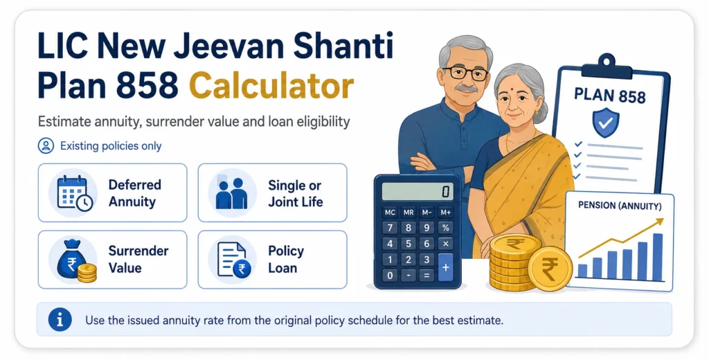 LIC New Jeevan Shanti Plan 858 Calculator infographic showing deferred annuity, single or joint life, surrender value and policy loan for existing policies.