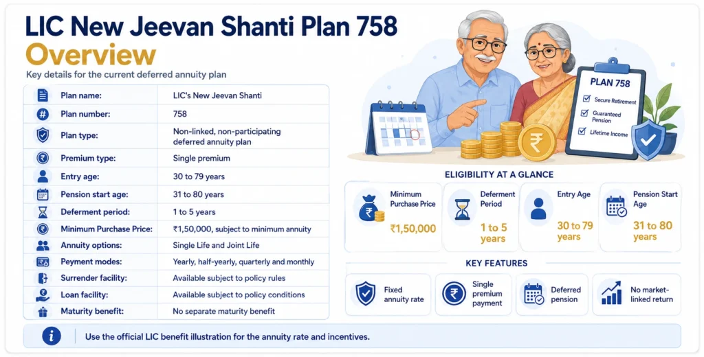 LIC New Jeevan Shanti Plan 758 overview showing plan details, entry age, pension start age, deferment period, minimum Purchase Price and annuity options.