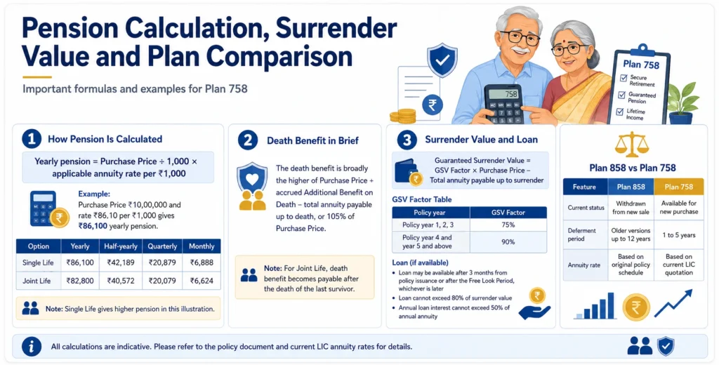 LIC New Jeevan Shanti Plan 758 infographic showing pension calculation, death benefit, surrender value, policy loan rules and comparison with Plan 858. 