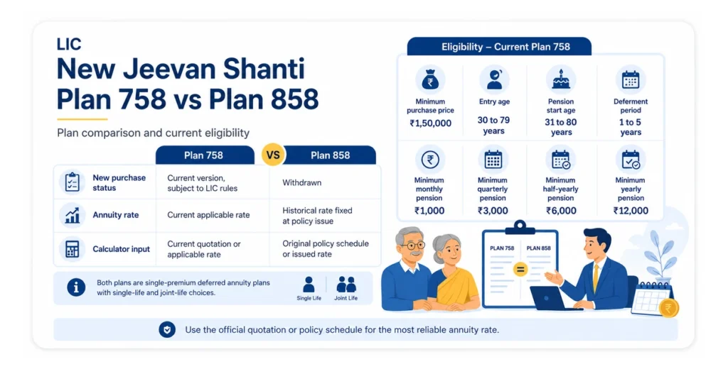 Comparison infographic of LIC New Jeevan Shanti Plan 758 and Plan 858 showing purchase status, annuity rates, calculator inputs and current Plan 758 eligibility.
